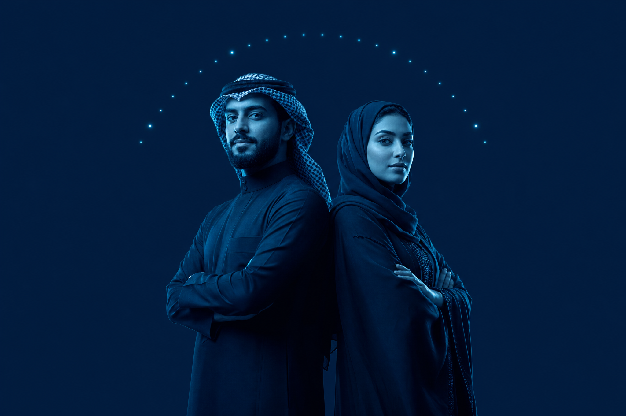 Two Saudi founders standing back to back under an arc of lit nodes, the two people behind an AI agency that runs on defined AI roles